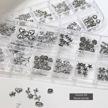 Декорации за нокти: модел Кръст и Сърце, метален кръст в сплав с диамантени акценти, кутия с 12 клетки