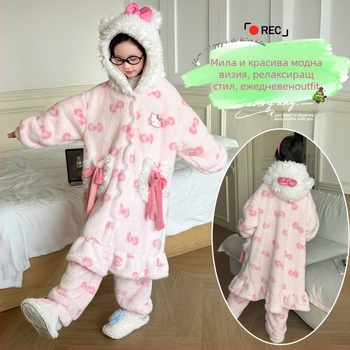 Детска пижама с качулка от коралов велур, дълга зимна нощница, полиестер 99%, мека обработка