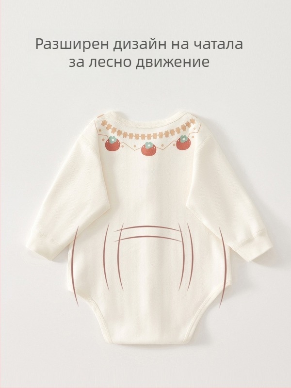 Ромпер за новородени момичета — чист памук, безшевен дизайн, дълги ръкави, за пролет и есен, етно стил с триъгълен мотив