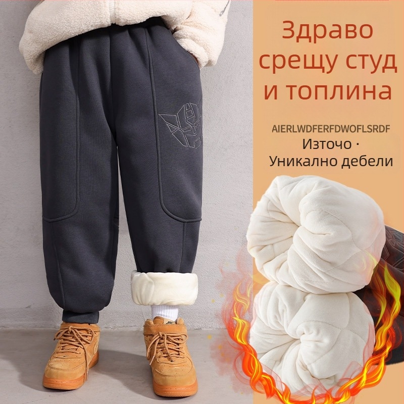 Детски памучни зимни панталони, трислойни, подплатени с флийс, с висока талия и еластична лента