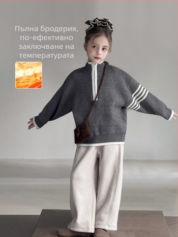 Детска момичешка плетена блуза с стояща яка, дълги ръкави, размери 100–140 см, Есен-зима 2026