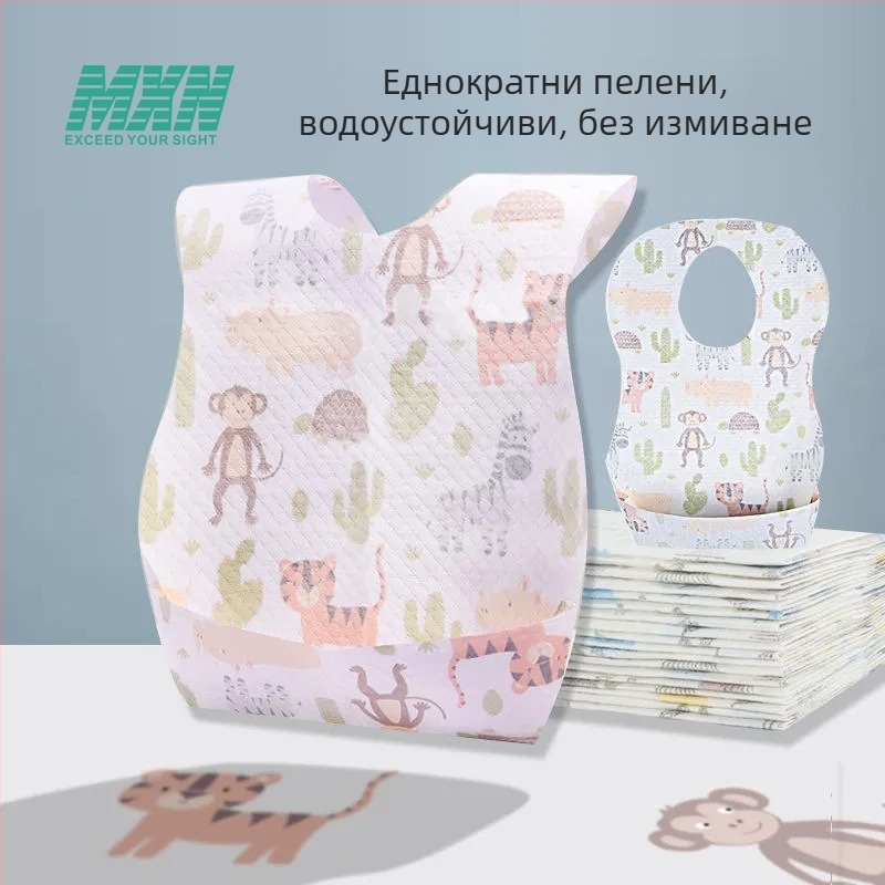 Еднократен бебешки лигавник с джоб за събиране на храна, водоустойчив нетъкан текстил, дизайн животни/карикатури, за деца 0–6 години