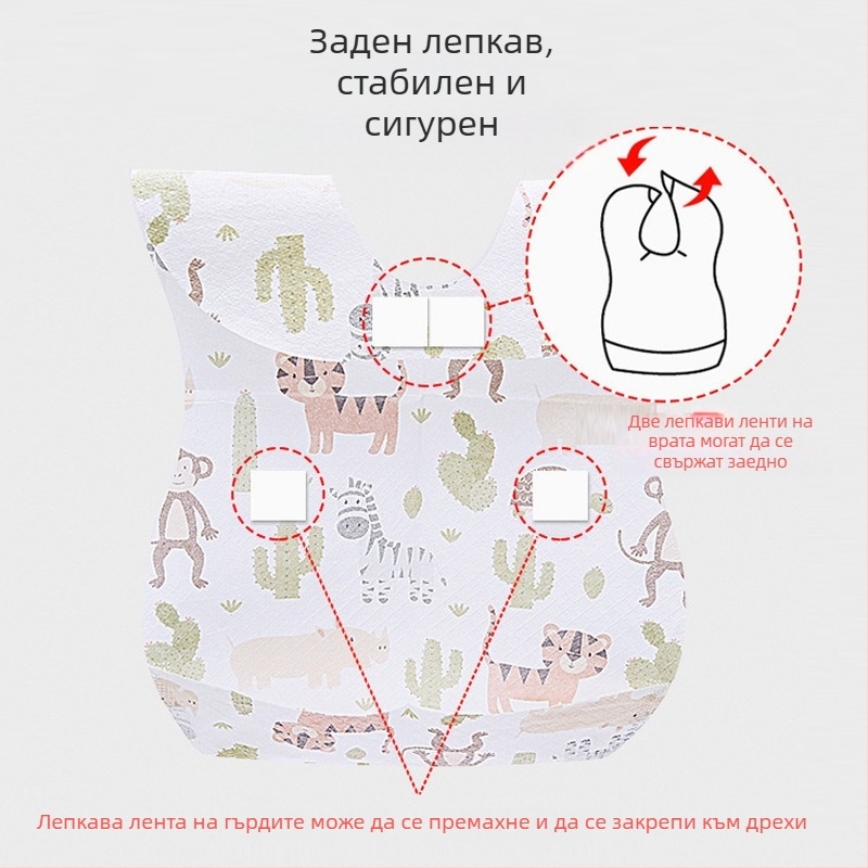 Еднократен бебешки лигавник с джоб за събиране на храна, водоустойчив нетъкан текстил, дизайн животни/карикатури, за деца 0–6 години