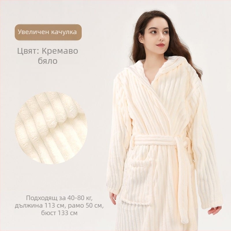 Мек халат за баня с качулка за жени, дебел зимен, бързосъхнещ и абсорбиращ, дълъг модел