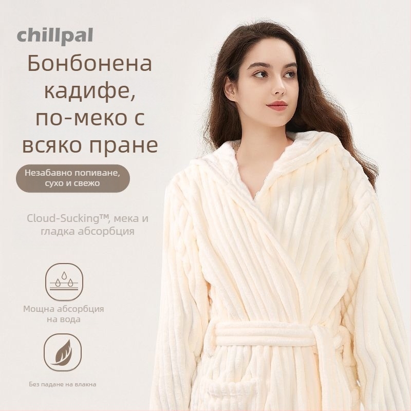 Мек халат за баня с качулка за жени, дебел зимен, бързосъхнещ и абсорбиращ, дълъг модел