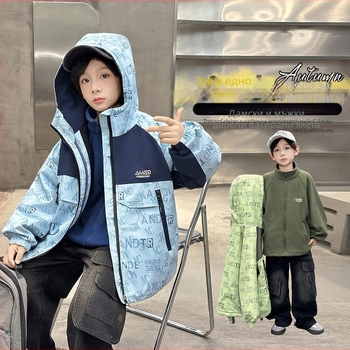 Момчешко подплатено външно яке 3-в-1 с откачваща се подплата, ветроустойчиво и UV-устойчиво, ацетатно влакно, за есен и зима, за деца над 8 години