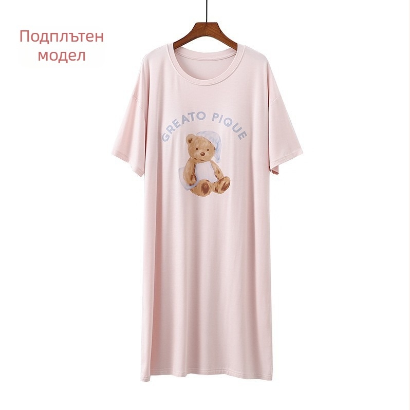 Лятна нощница от модал с подплънка за бюст, печат, къс ръкав, средна дължина, еластична домашна нощница
