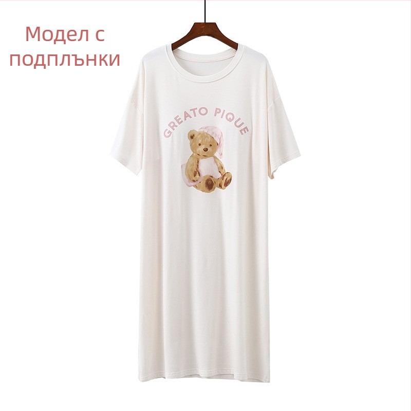 Лятна нощница от модал с подплънка за бюст, печат, къс ръкав, средна дължина, еластична домашна нощница