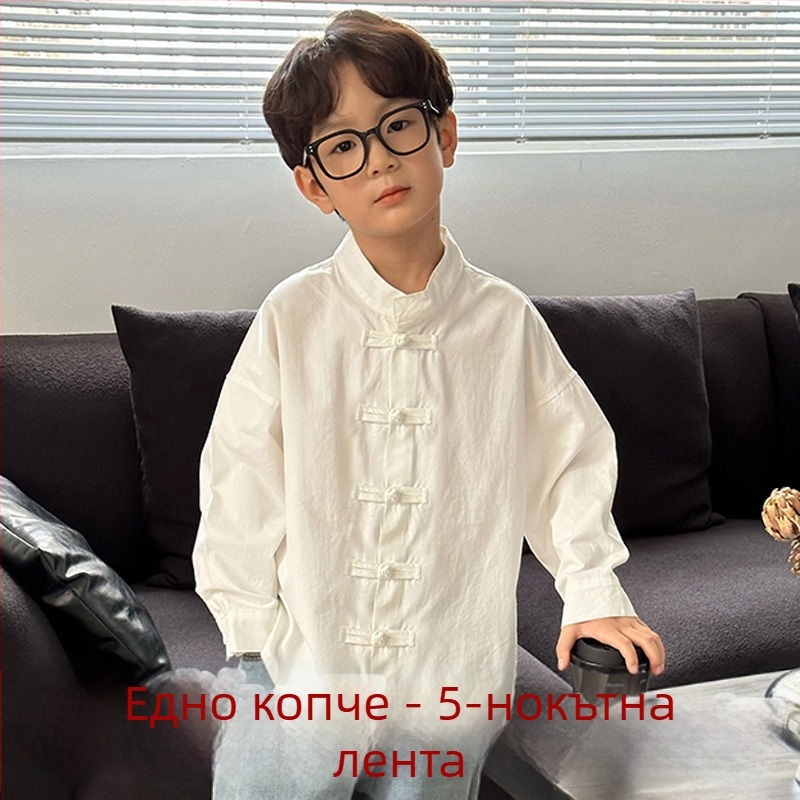 Детска риза в китайски стил, с стояща яка, дълги ръкави, 90% акрилно влакно, мека обработка