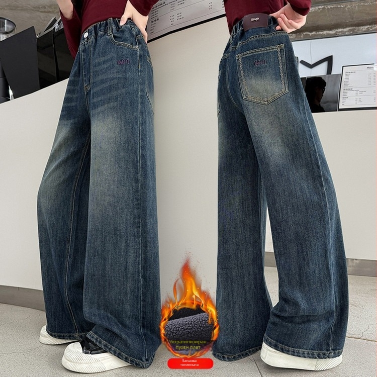 Панталони за момичета със зимно подплатяване - висока талия, еластичен колан, едноцветни, подходящи за деца над 8 години.