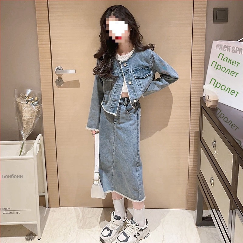 Двухчастов пролетен комплект за момичета, корейски стил, фланелен плат, пола тип торта, едноцветен, пролет 2025