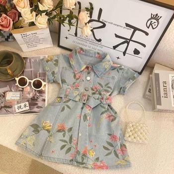 Детска пола с презрамки от corduroy, корейски стил, флорална щампа, А-линия, лято 2025