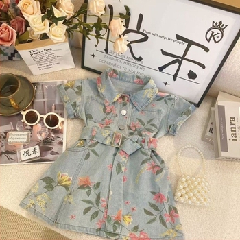 Детска пола с презрамки от corduroy, корейски стил, флорална щампа, А-линия, лято 2025