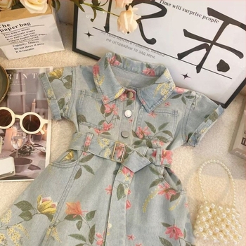 Детска пола с презрамки от corduroy, корейски стил, флорална щампа, А-линия, лято 2025