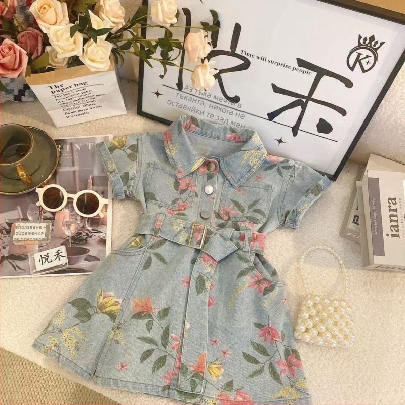 Детска пола с презрамки от corduroy, корейски стил, флорална щампа, А-линия, лято 2025