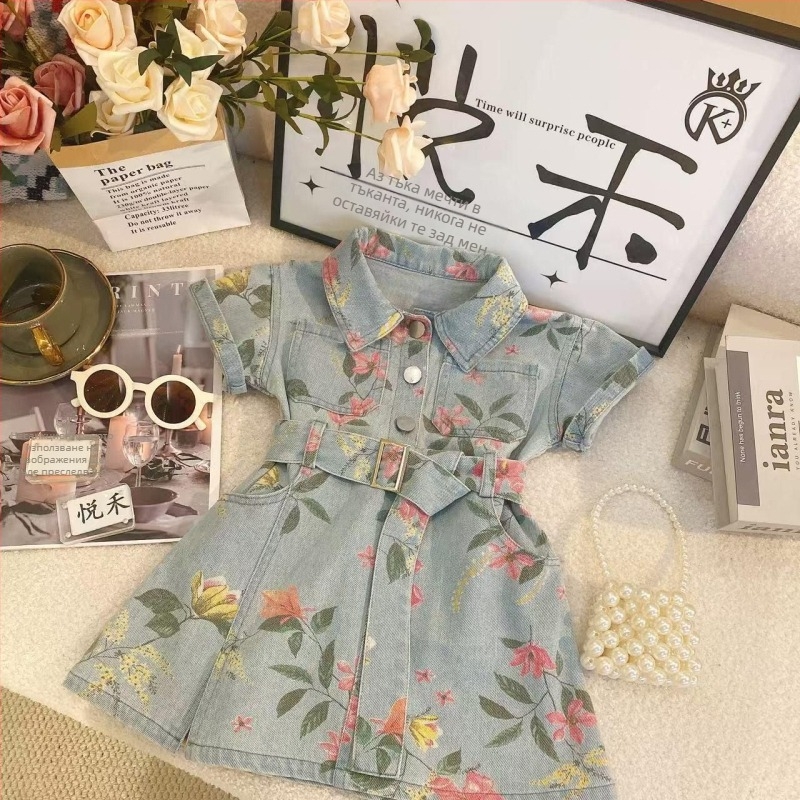 Детска пола с презрамки от corduroy, корейски стил, флорална щампа, А-линия, лято 2025