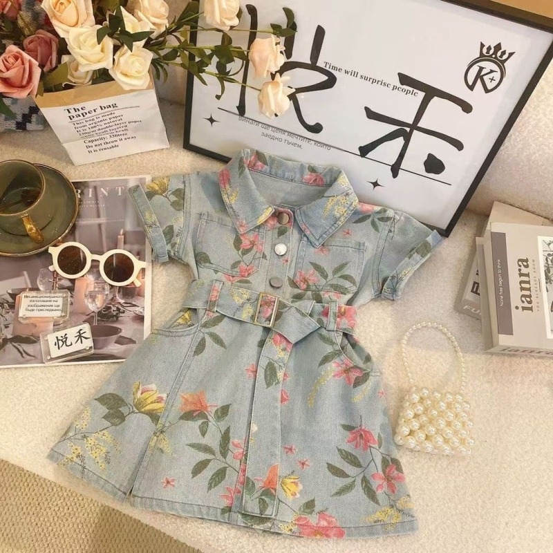 Детска пола с презрамки от corduroy, корейски стил, флорална щампа, А-линия, лято 2025