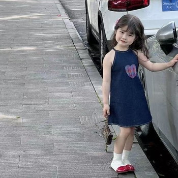 Детска рокля с презрамки в стил А-линия, корейски дизайн, полиестерна материя с подплата, меко завършване, за деца 3-8 г, лято 2025