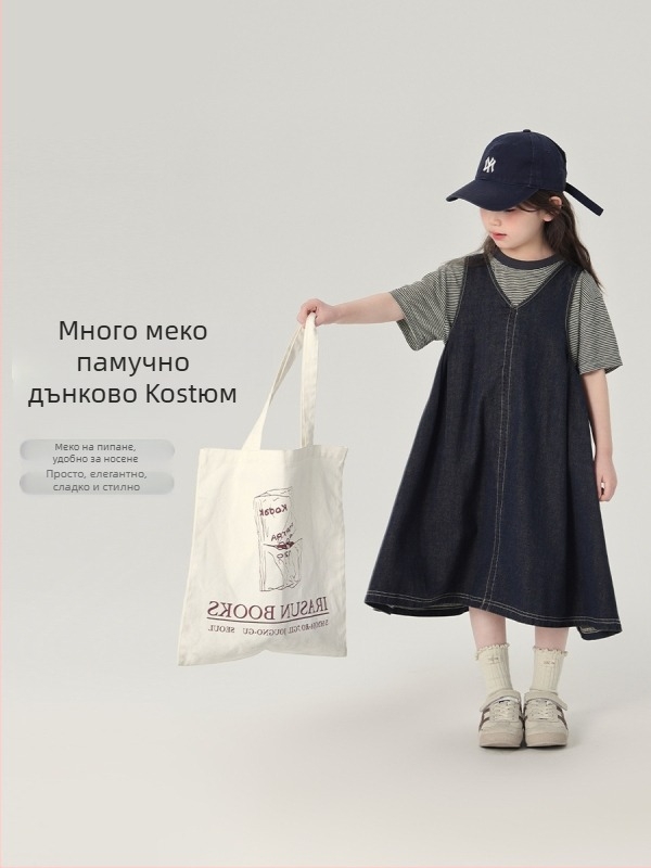 Pudding Haru Детска рокля с презрамки от деним, без ръкави, едноцветна, полиестерна материя, мека обработка