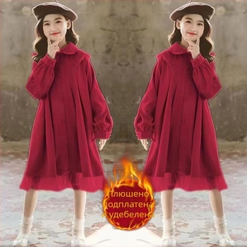 Детска рокля за момичета в корейски стил, дълги ръкави, А-линия, едноцветна, полиестер 90%