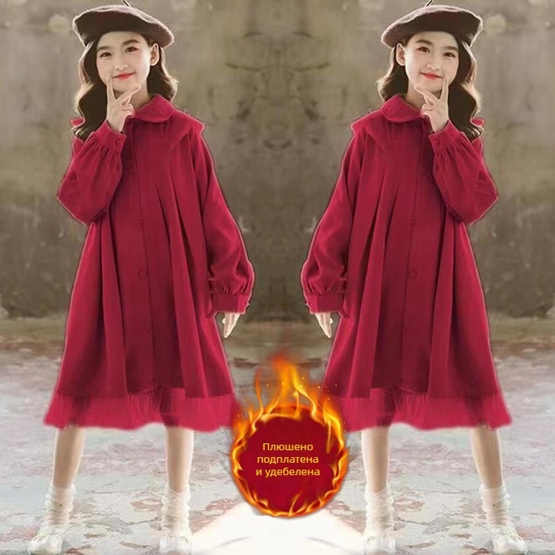 Детска рокля за момичета в корейски стил, дълги ръкави, А-линия, едноцветна, полиестер 90%