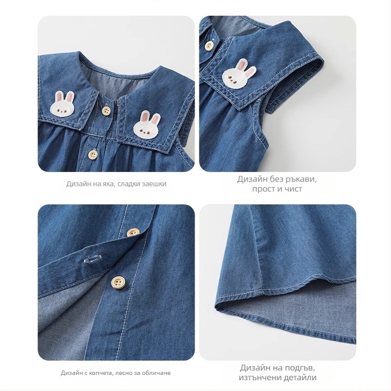 Детска дънкова пола А-линия, карикатурен принт, 100% памук, без ръкави, за деца 3–8 години