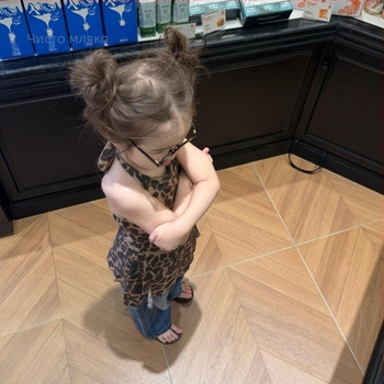 Детска рокля за момичета с леопардов принт, без презрамки и без гръб, памучна смес 90%, асиметрично дъно, за възраст 3-8 години, корейски стил, лято 2025