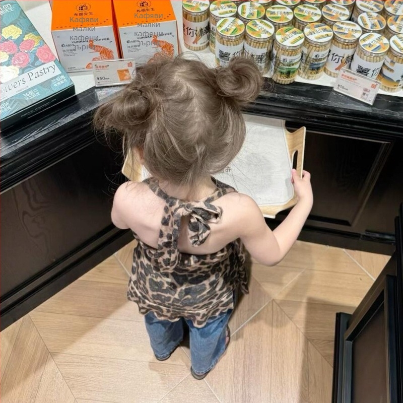 Детска рокля за момичета с леопардов принт, без презрамки и без гръб, памучна смес 90%, асиметрично дъно, за възраст 3-8 години, корейски стил, лято 2025