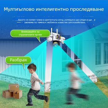 Външна безжична охранителна камера с 360° нощно виждане, 4G свързаност, минимално осветление 0.001 lx, работна температура -30°C до 65°C, захранване 12V