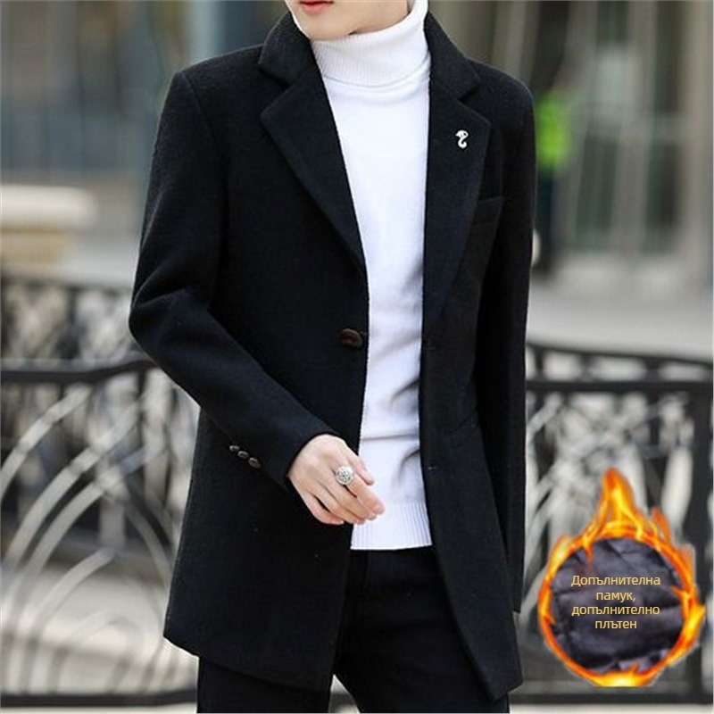 Мъжко палто Corduroy с Rabbit Hair - Slim Fit, Hooded, Mid-Length, Korean Style