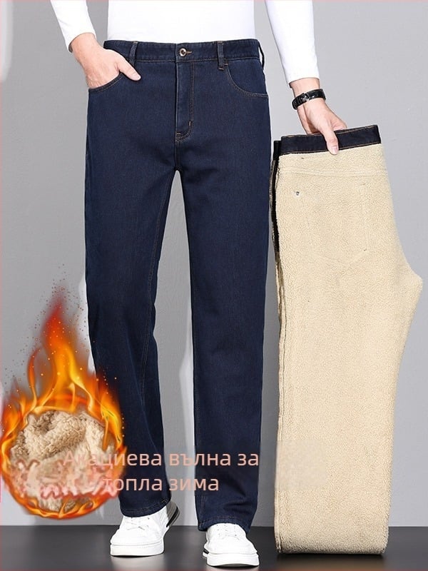 Мъжки зимни дънки с флисова подплата, висока талия, свободен крой, цип, памучен деним