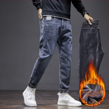 Aishini дънки - Корейски стил, свободна кройка, къс крачол, флисово подплатени памучни дънки