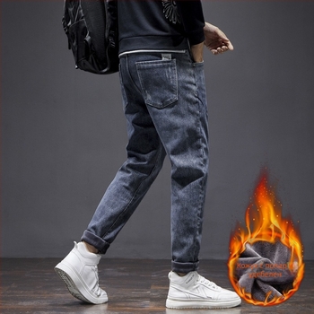 Aishini дънки - Корейски стил, свободна кройка, къс крачол, флисово подплатени памучни дънки