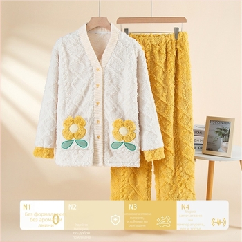 Комплект пижами (V-образна яка; дълги ръкави; дебел; Shu cotton velvet; 251-300 g/m2)