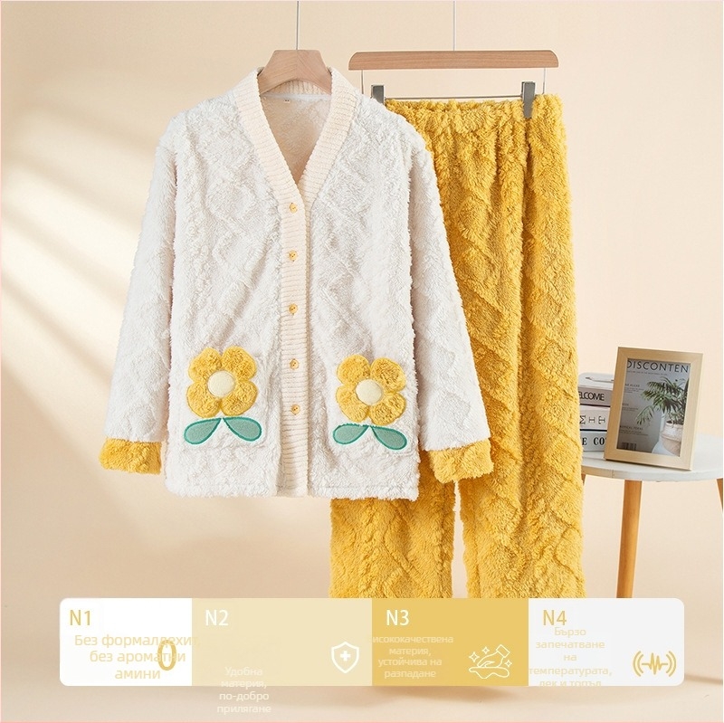 Комплект пижами (V-образна яка; дълги ръкави; дебел; Shu cotton velvet; 251-300 g/m2)