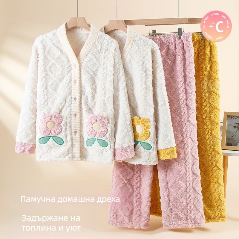 Женски комплект пижами от Shu памук велвет, удебелен, V-образно деколте, дълги ръкави, поддържа топлината, може да се носи навън, зима–есен