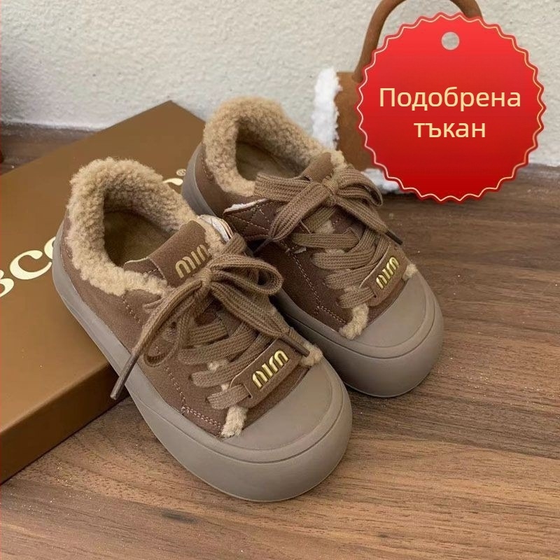 Детски зимни кецове от изкуствена кожа, PU подметка, подплата от агнешки пух, дебели и едноцветни, връзки отпред, стил casual, зима 2024