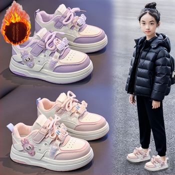 Момичешки зимни спортни обувки с подплата от флис, горна част от супер влакна, закопчаване с лепенка, гумена подметка, карикатурен принт.