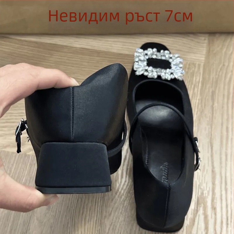 Обувки Mary Jane за повишаване на височината със сатенен горен слой, квадратен нос, 6-8 cm дебел ток, кристали, закопчване с еднолентова катарама