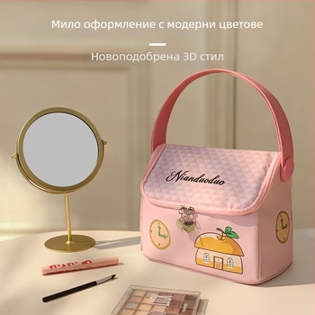 Козметична чанта с форма на къща, PU материал, карикатурен принт, подплата от найлон, затваряне с цип