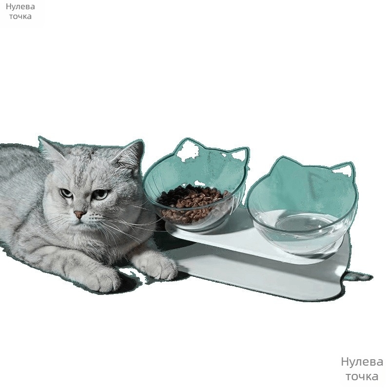 Котешка купа за храна с защита на шията, двойна купа, двоен дизайн с наклонено устие (Материал: неръждаема стомана; Категория: прибори за домашни любимци; Приложимо: котки; Внос: Не)