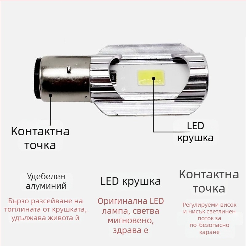 LED предна светлина за електрически велосипед, 12V, монтаж с две щипки, далечен и близък лъч