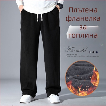 Мъжки спортни панталони с флисово подплата, висока талия, завързване с шнур, прав крачол, зимни, плюс размер