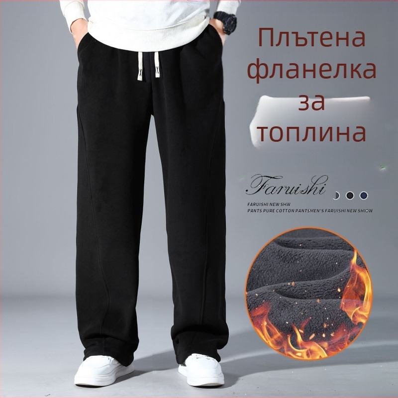 Мъжки спортни панталони с флисово подплата, висока талия, завързване с шнур, прав крачол, зимни, плюс размер