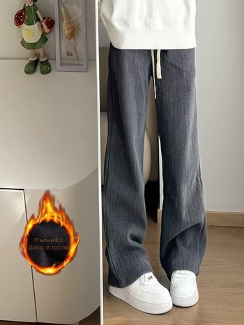 Мъжки панталони Corduroy Casual, fleece-lined за зима, свободна straight кройка, средна талия