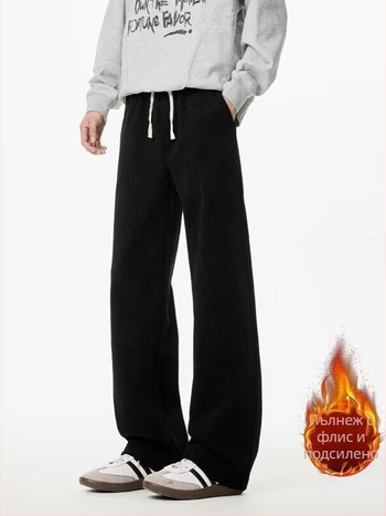 Мъжки панталони Corduroy Casual, fleece-lined за зима, свободна straight кройка, средна талия