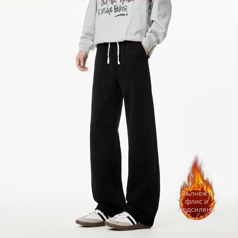 Мъжки панталони Corduroy Casual, fleece-lined за зима, свободна straight кройка, средна талия