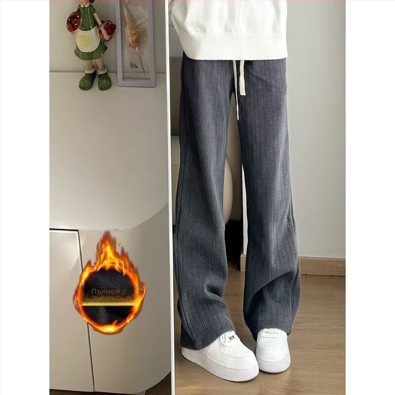 Мъжки панталони Corduroy Casual, fleece-lined за зима, свободна straight кройка, средна талия