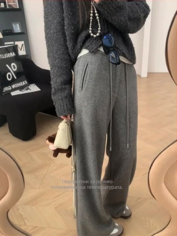 Женски широки панталони, полиестер 95%+, микроеластичност, ниска талия, удебелени