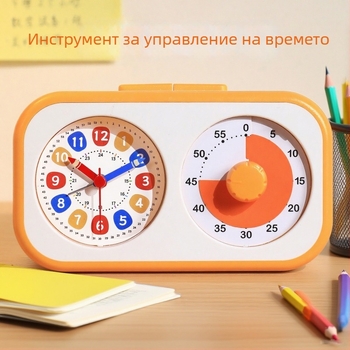 Будилник с визуален таймер за деца и ученици; батерийно захранване; аналогов дисплей с показалец и цифри; плавно движение на секундите; ABS корпус; PVC циферблат